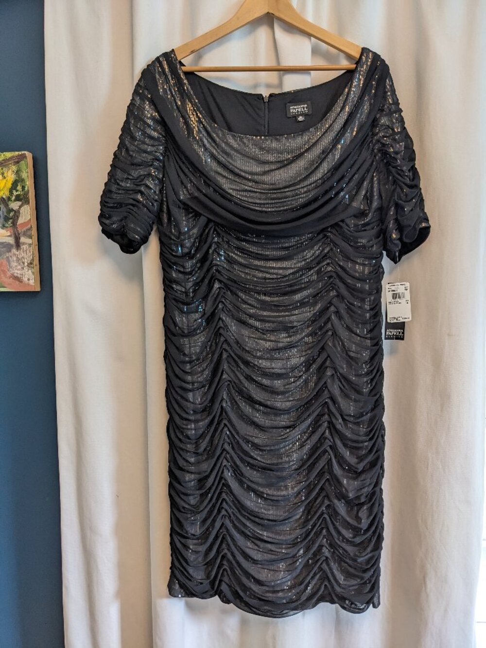 Adrianna Papell Evening Cocktail Dress Womens 18W Black/Blue Sequin Ruched Layer